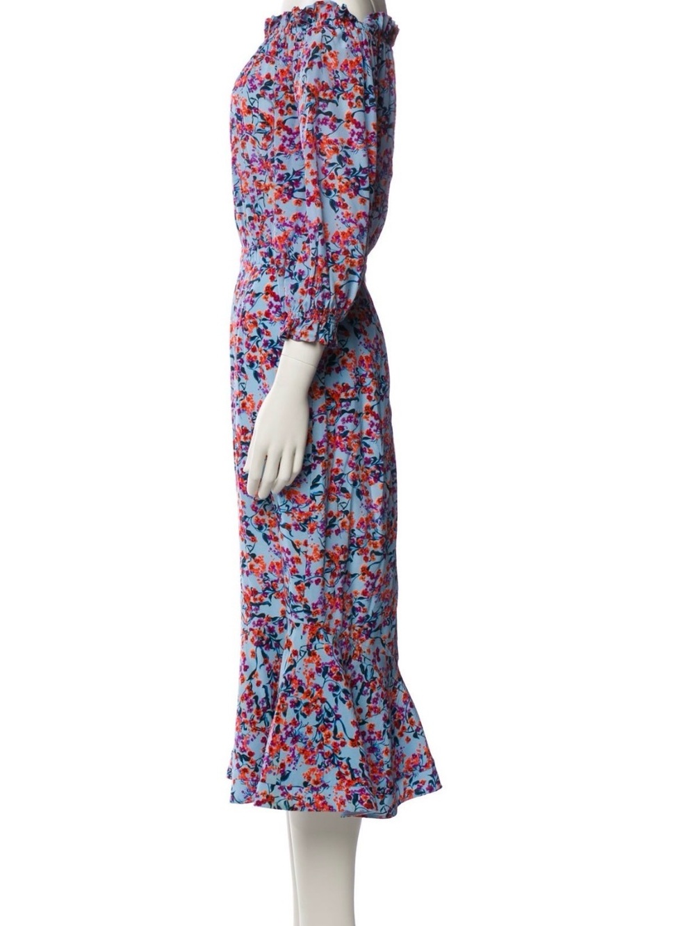Saloni 100% Silk Floral Print Off The Shoulder Midi Dress Light Blue US 6 UK 10 - Picture 3 of 12